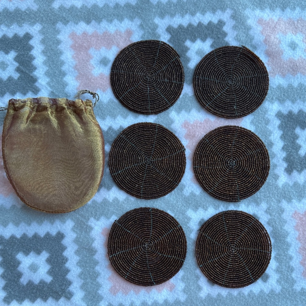 6 Amber Brown glass Beaded Coasters with Gold Pouch